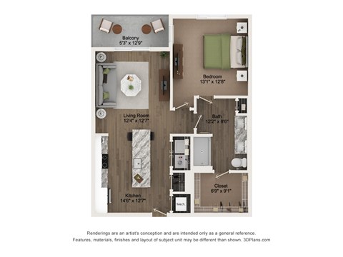 Floor plan for 1 bed, 1 bath, 878 sqft